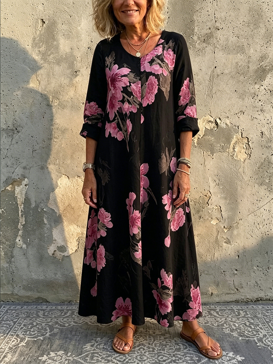 Elena™ Elegant Boho-Maxikleid aus Baumwoll-Leinen mit Blumenmuster & Taschen