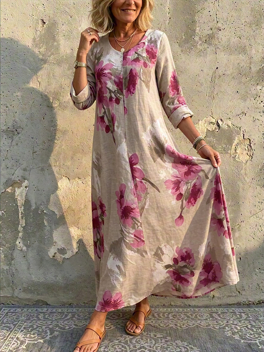 Elena™ Elegant Boho-Maxikleid aus Baumwoll-Leinen mit Blumenmuster & Taschen