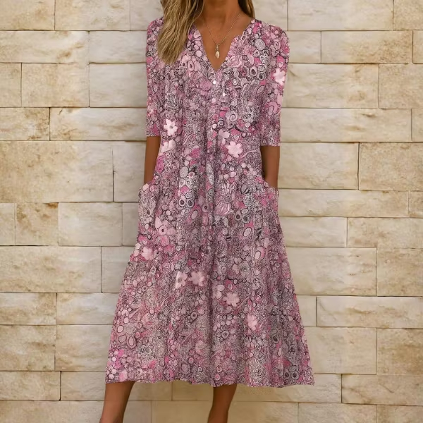 Elena™ Elegantes Vintage-Kleid mit V-Ausschnitt – Luftiges Sommerkleid mit praktischen Taschen