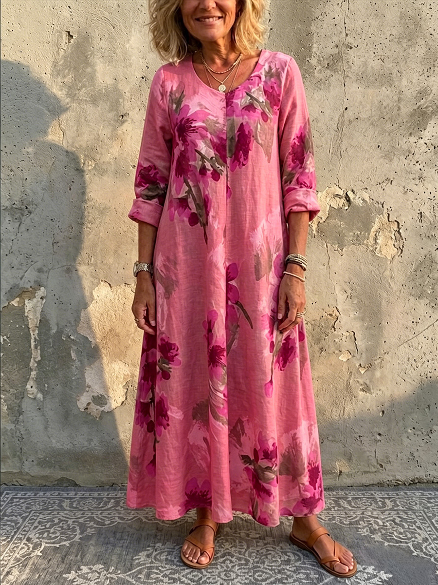 Elena™ Elegant Boho-Maxikleid aus Baumwoll-Leinen mit Blumenmuster & Taschen