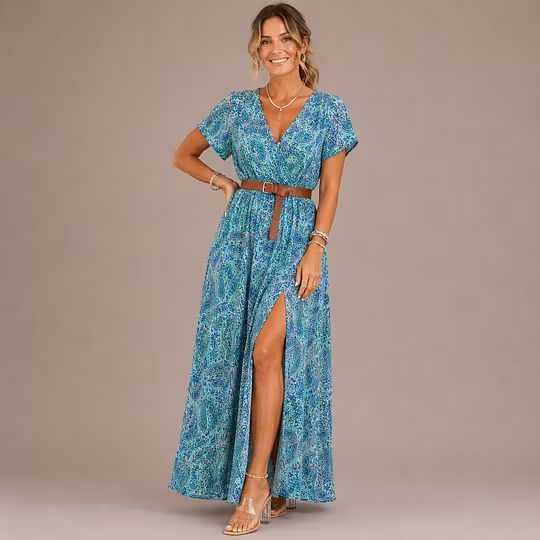 Annabelle™ Elegantes Boho-Maxikleid mit V-Ausschnitt – Luftiges Sommerkleid mit Beinschlitz