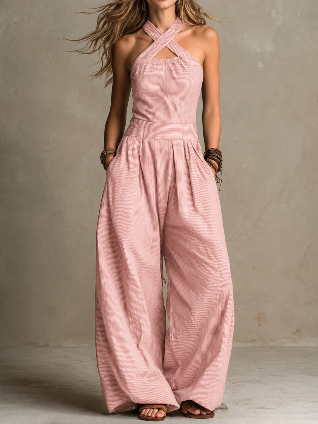 Premium Neckholder-Jumpsuit „Bianca“ – Eleganter Einteiler mit überkreuztem Dekolleté & fließender Wide-Leg-Hose