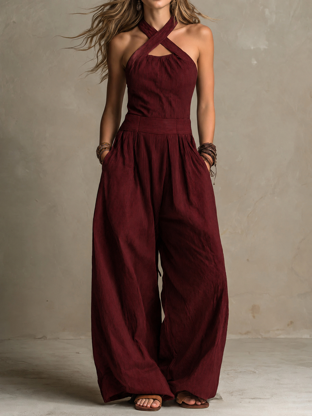 Premium Neckholder-Jumpsuit „Bianca“ – Eleganter Einteiler mit überkreuztem Dekolleté & fließender Wide-Leg-Hose
