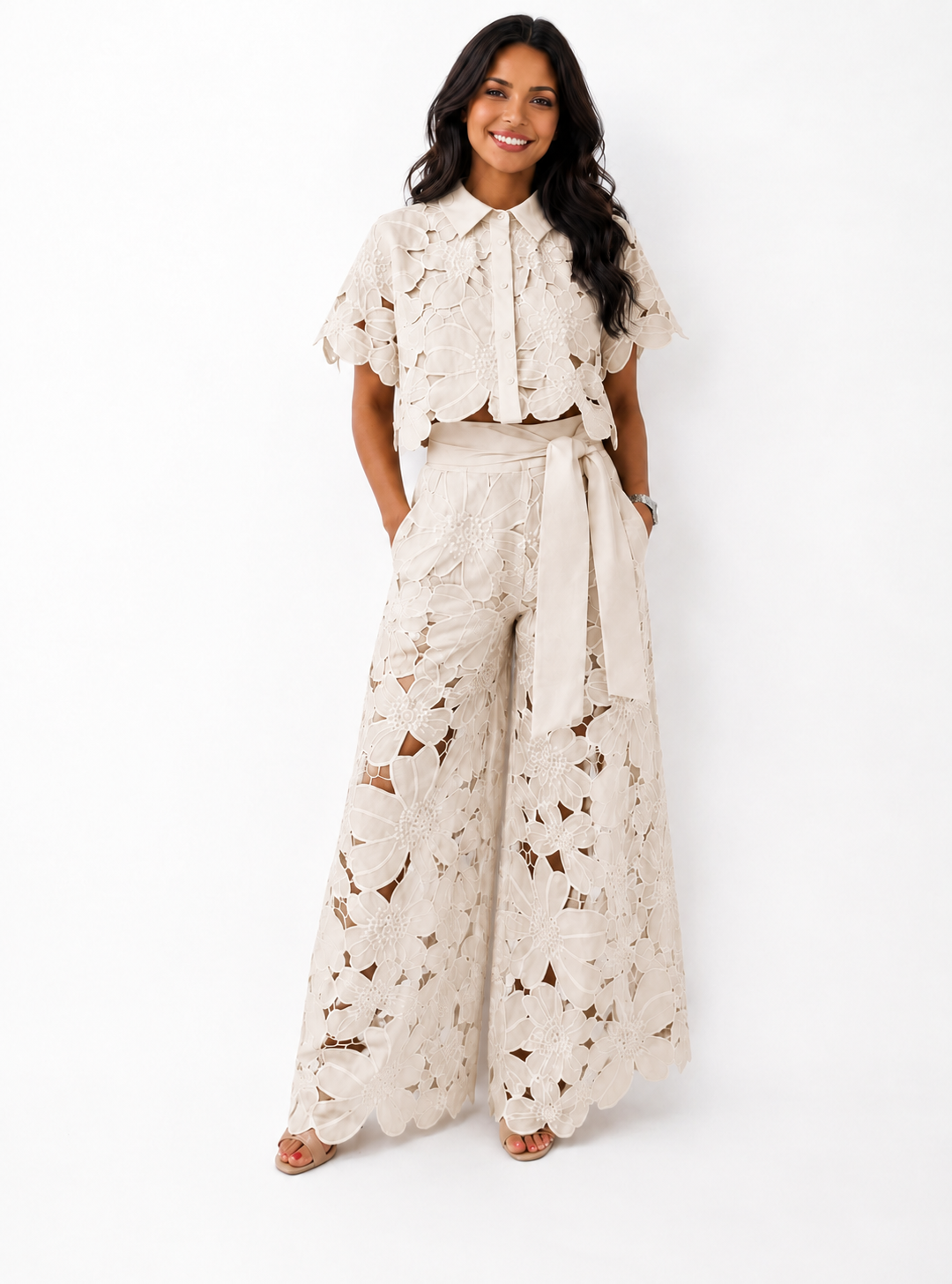 Isabela™ Elegantes Zweiteiliges Set aus Lochspitze | Spitze-Bluse & Hose mit Taillenband