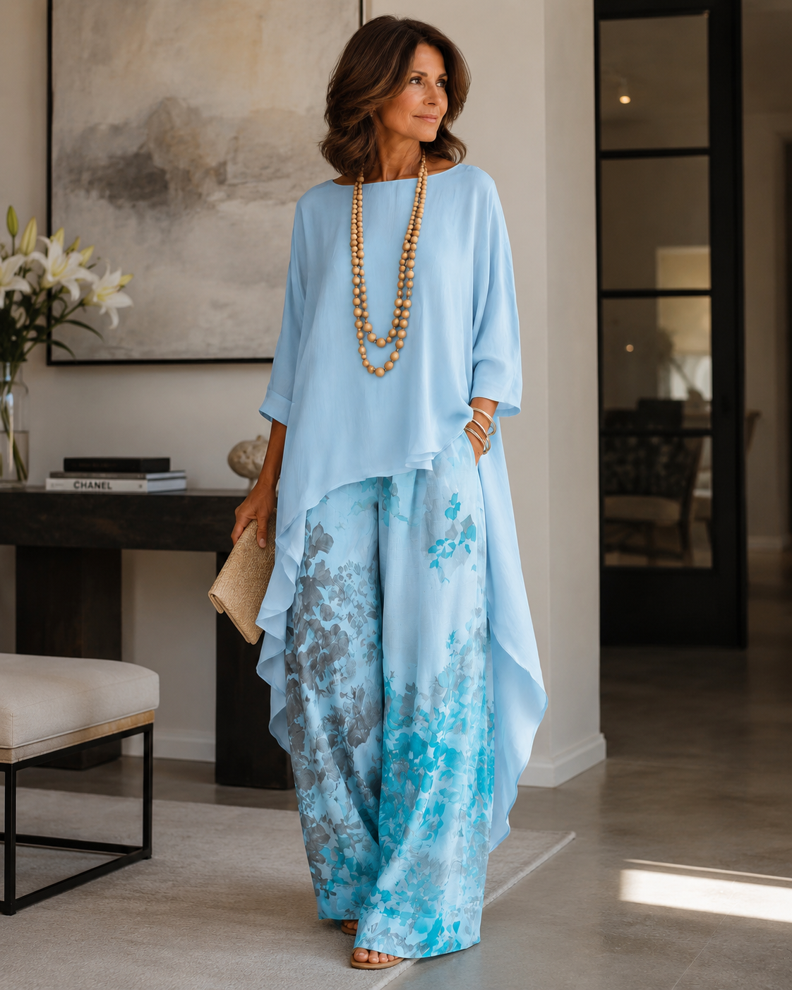 Elegantes Leinen-Set „Milena“: Luftige Tunika & Weite Hose mit Blumendruck – Stilvoller 2-Teiler
