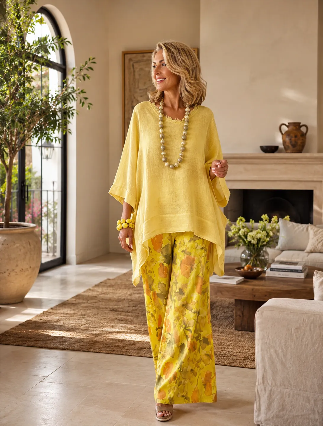 Elegantes Leinen-Set „Milena“: Luftige Tunika & Weite Hose mit Blumendruck – Stilvoller 2-Teiler