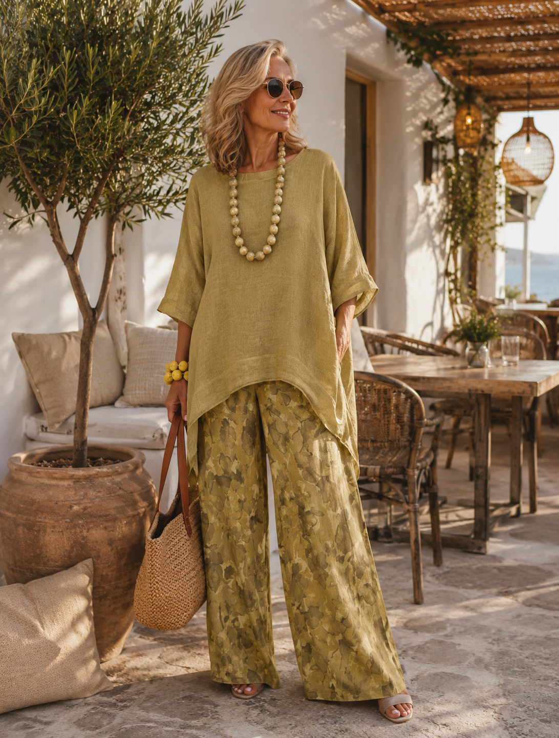 Elegantes Leinen-Set „Milena“: Luftige Tunika & Weite Hose mit Blumendruck – Stilvoller 2-Teiler