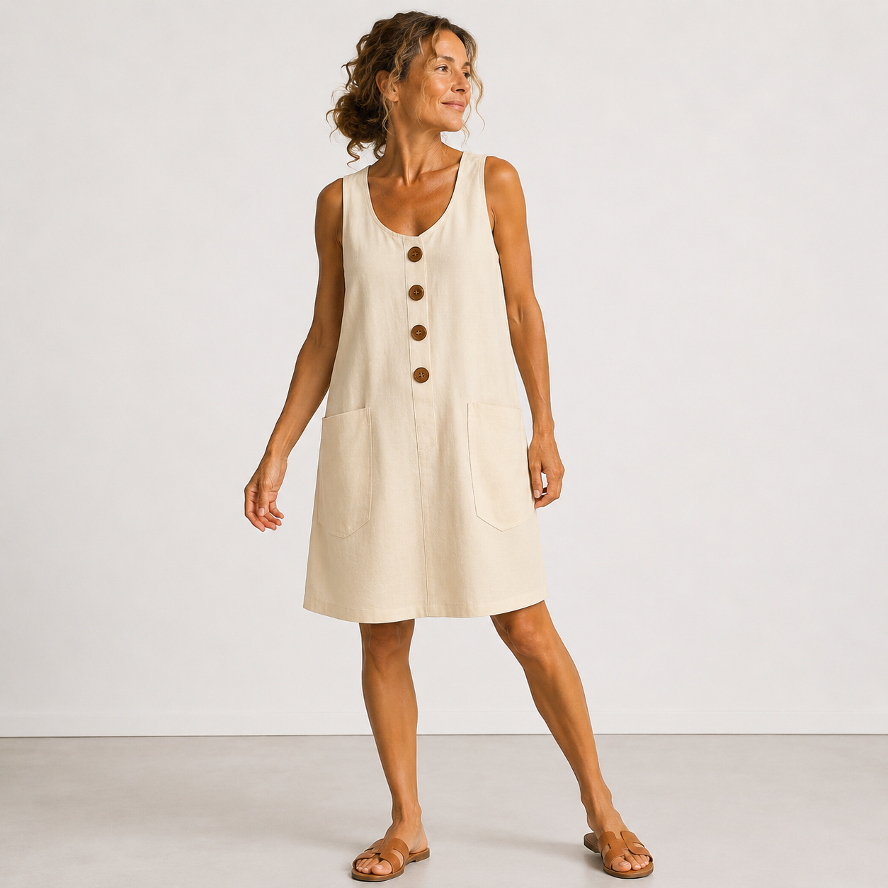🔥 SOMMER-HIT | Maud™ Luftiges Baumwolle-Leinen Kleid – Große Taschen & Elegante Holzknöpfe