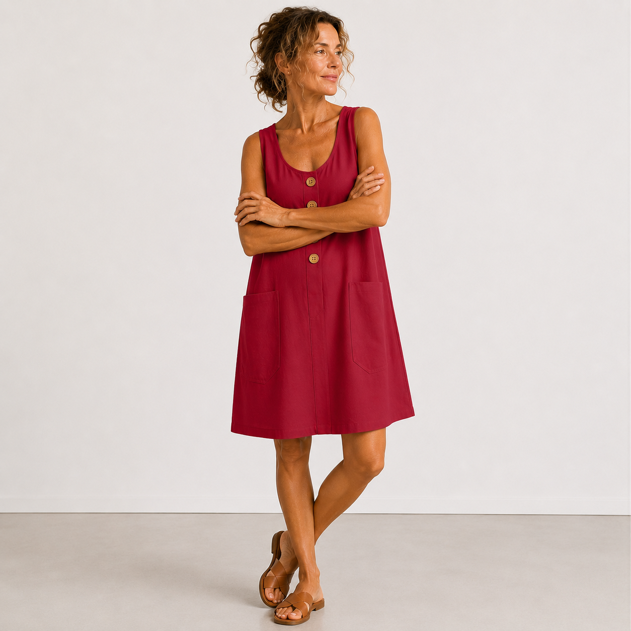🔥 SOMMER-HIT | Maud™ Luftiges Baumwolle-Leinen Kleid – Große Taschen & Elegante Holzknöpfe