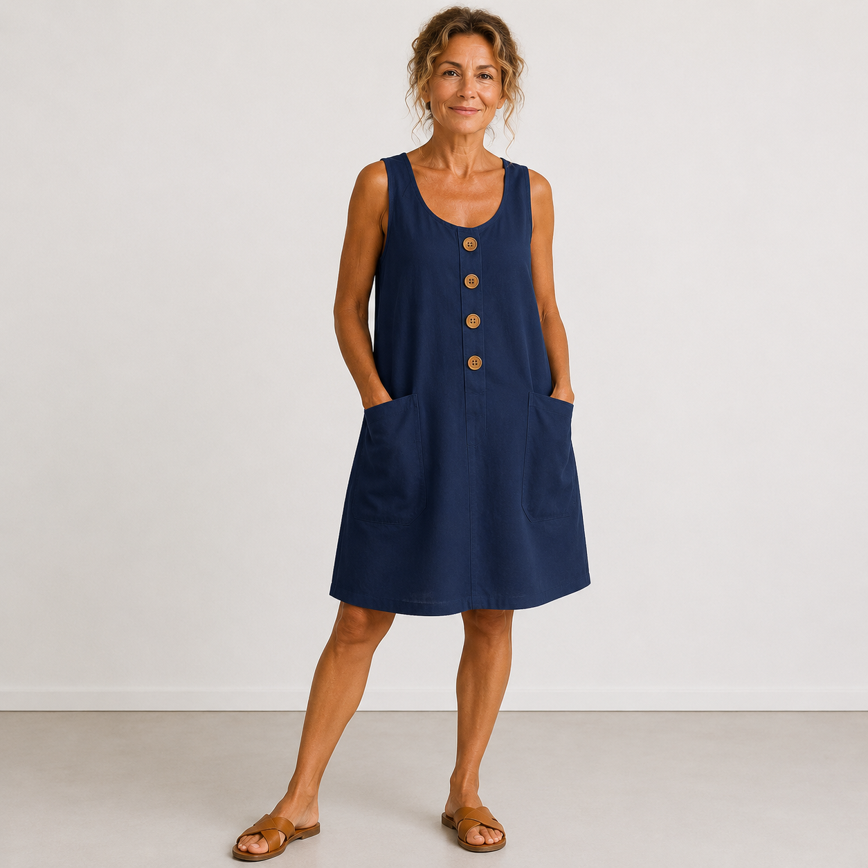 🔥 SOMMER-HIT | Maud™ Luftiges Baumwolle-Leinen Kleid – Große Taschen & Elegante Holzknöpfe