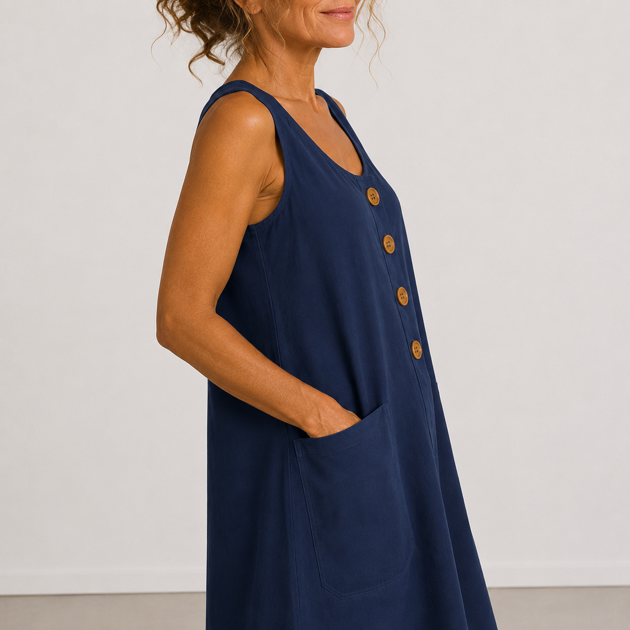 🔥 SOMMER-HIT | Maud™ Luftiges Baumwolle-Leinen Kleid – Große Taschen & Elegante Holzknöpfe