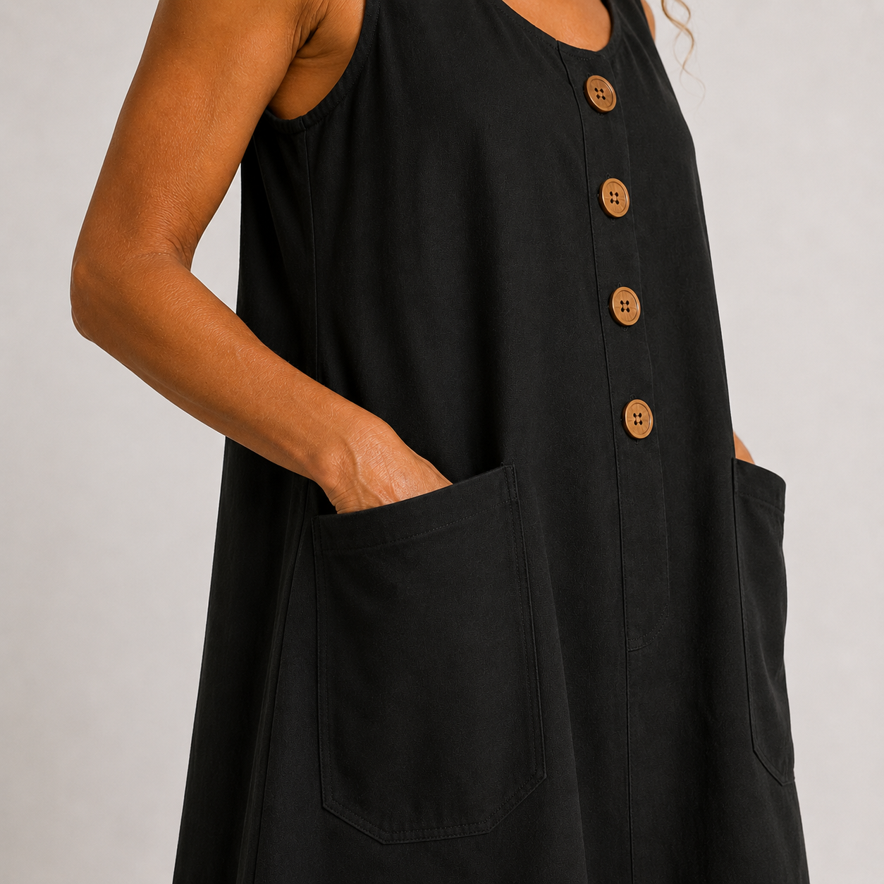 🔥 SOMMER-HIT | Maud™ Luftiges Baumwolle-Leinen Kleid – Große Taschen & Elegante Holzknöpfe