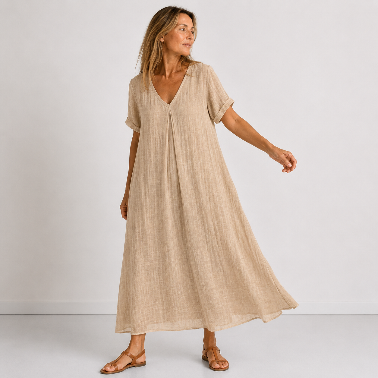 Violette™ Elegant-luftiges Leinen-Maxikleid mit V-Ausschnitt & figurfreundlicher A-Linie
