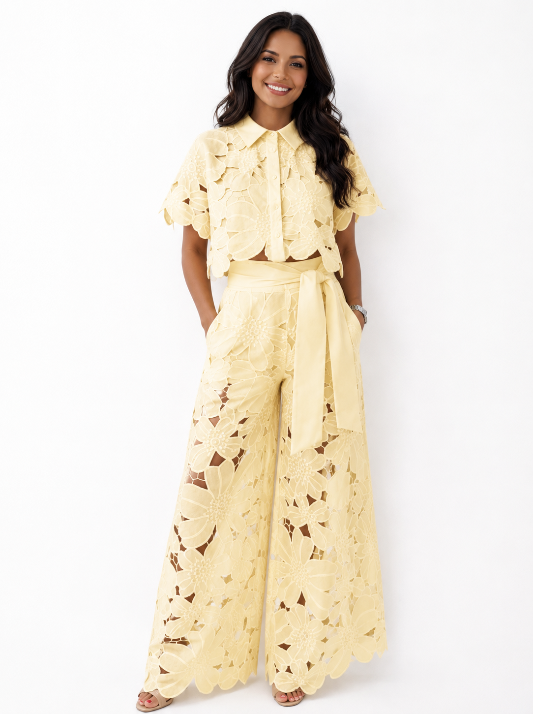 Isabela™ Elegantes Zweiteiliges Set aus Lochspitze | Spitze-Bluse & Hose mit Taillenband