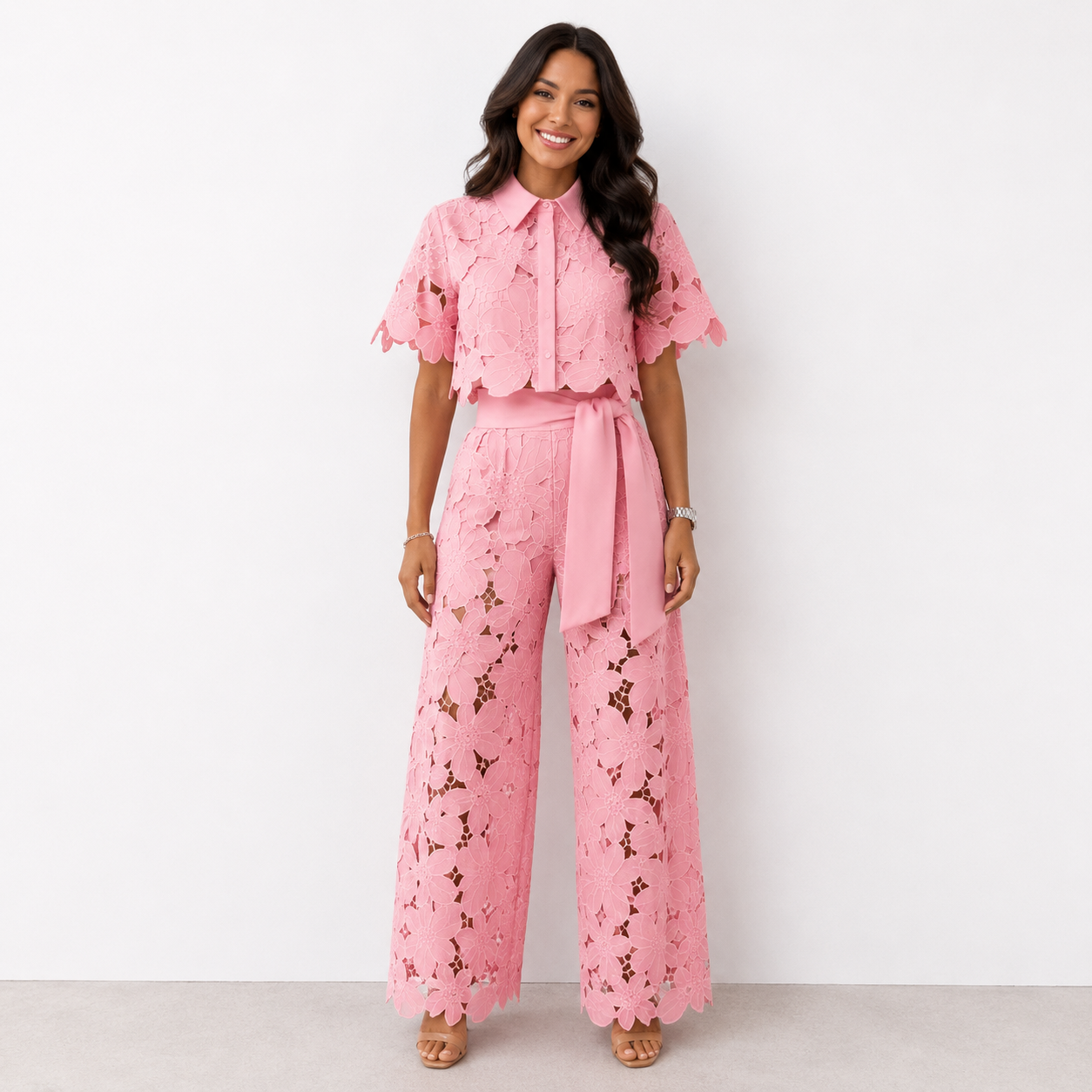 Isabela™ Elegantes Zweiteiliges Set aus Lochspitze | Spitze-Bluse & Hose mit Taillenband