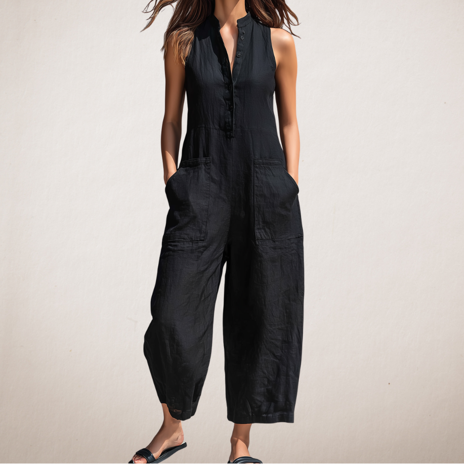 Premium Leinen-Mix Jumpsuit „Cindy“ – Luftiger Sommer-Einteiler mit Stehkragen & großen Taschen