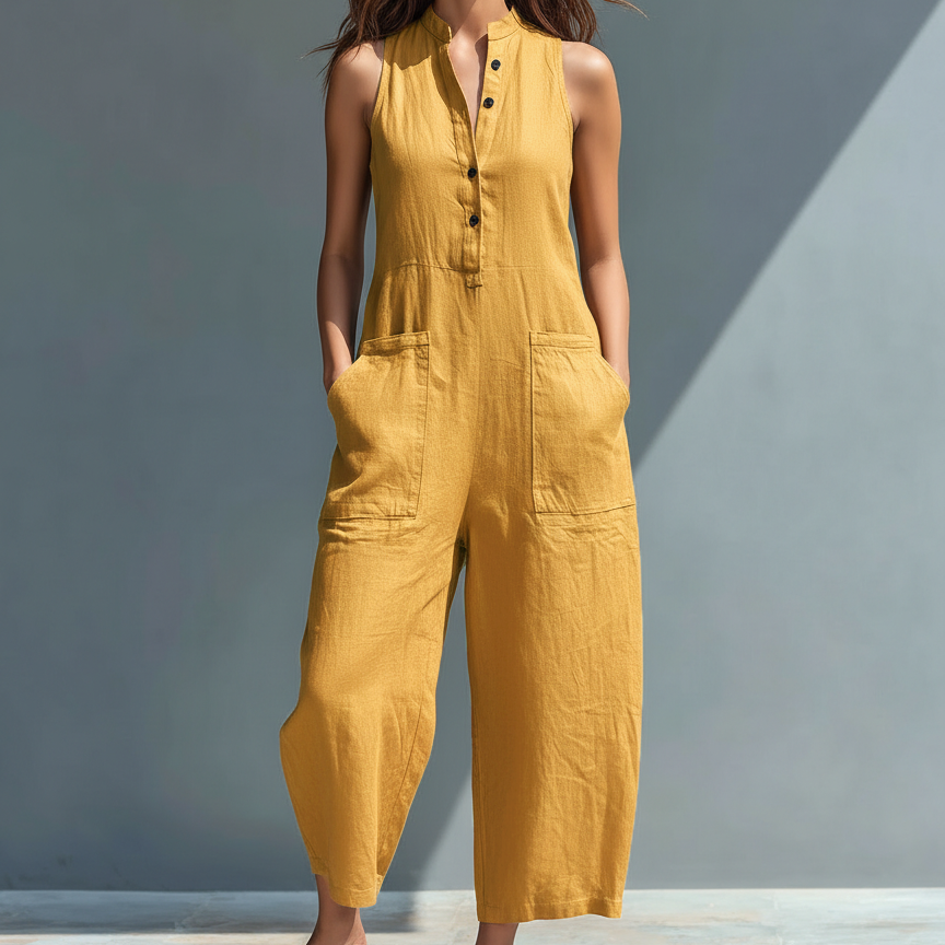 Premium Leinen-Mix Jumpsuit „Cindy“ – Luftiger Sommer-Einteiler mit Stehkragen & großen Taschen