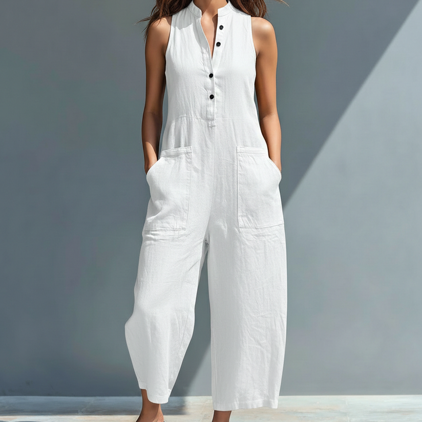 Premium Leinen-Mix Jumpsuit „Cindy“ – Luftiger Sommer-Einteiler mit Stehkragen & großen Taschen
