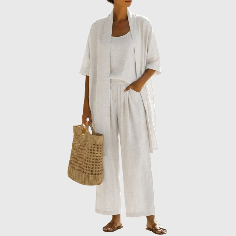 Premium Leinen-Zweiteiler „Livia“: Luftiges 3-Teiler Set mit Cardigan, Top & Weitbein-Hose