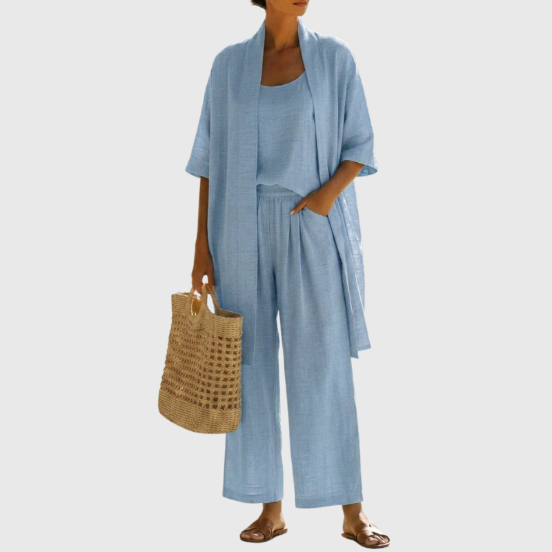 Premium Leinen-Zweiteiler „Livia“: Luftiges 3-Teiler Set mit Cardigan, Top & Weitbein-Hose