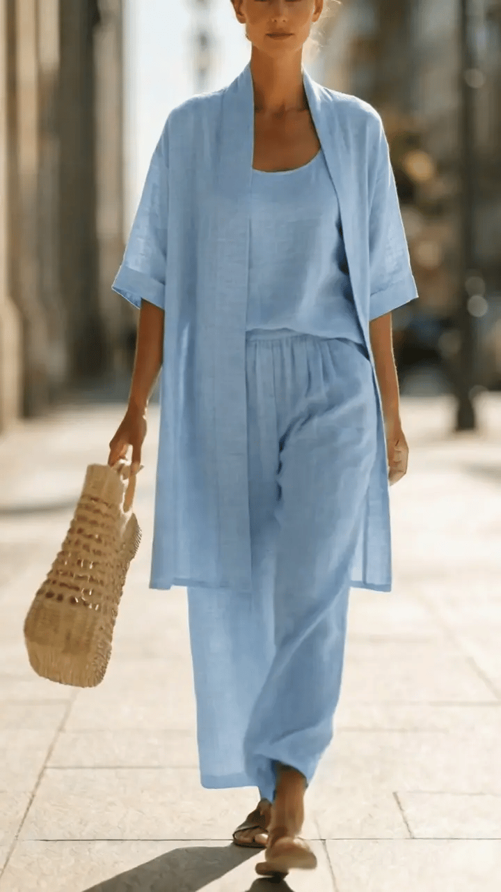 Premium Leinen-Zweiteiler „Livia“: Luftiges 3-Teiler Set mit Cardigan, Top & Weitbein-Hose