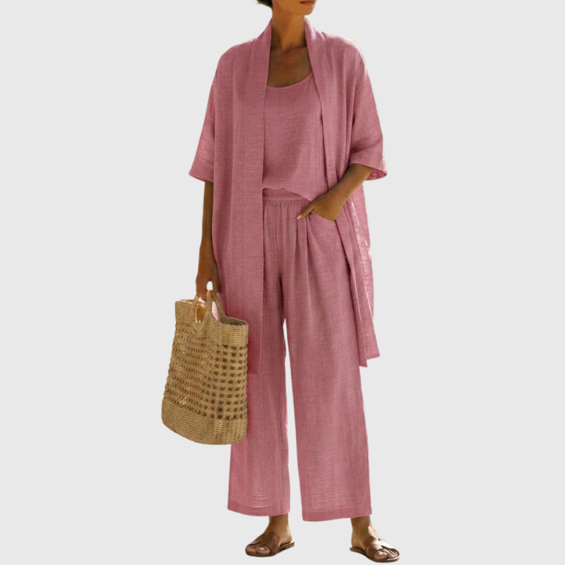 Premium Leinen-Zweiteiler „Livia“: Luftiges 3-Teiler Set mit Cardigan, Top & Weitbein-Hose