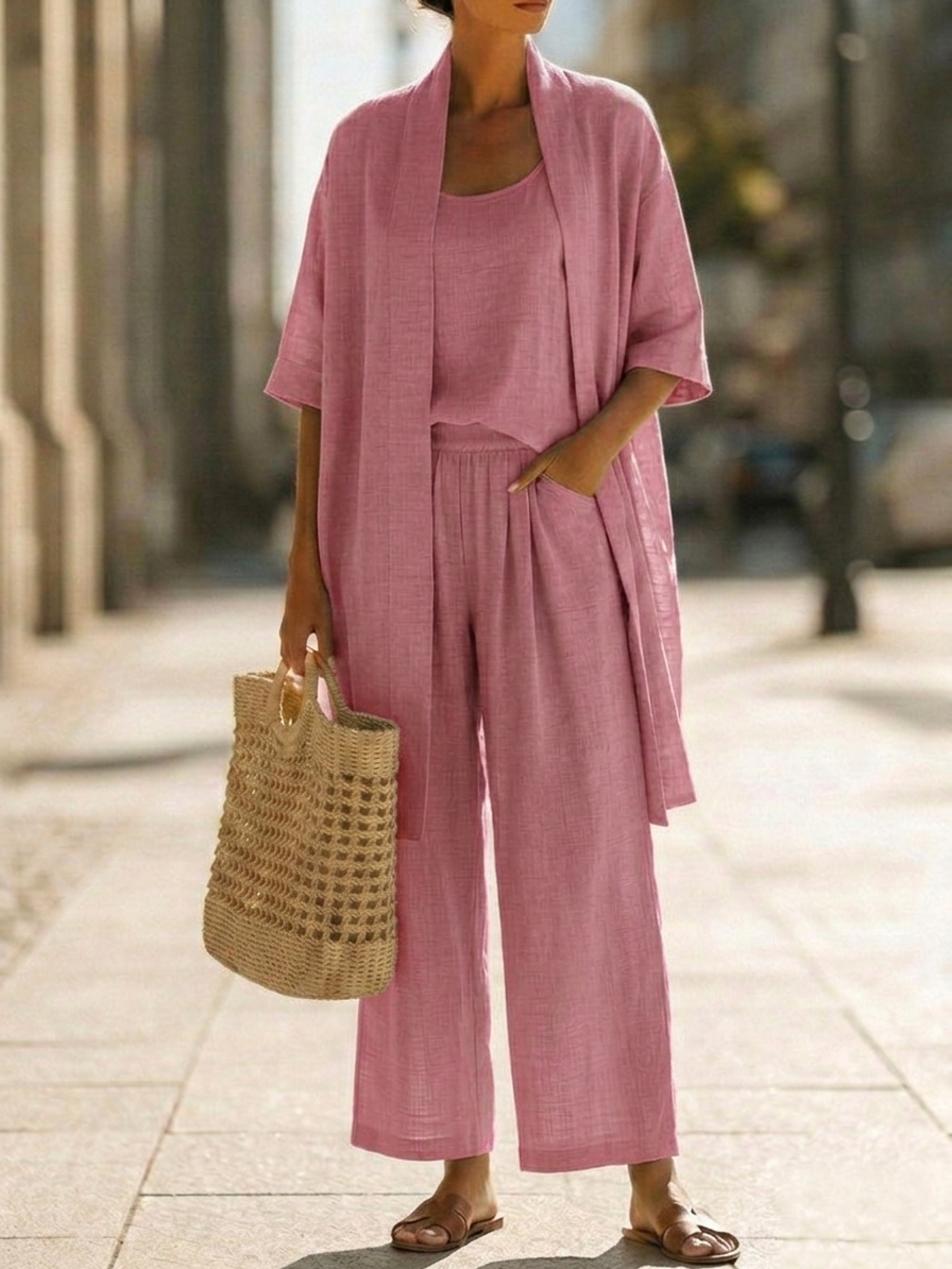 Premium Leinen-Zweiteiler „Livia“: Luftiges 3-Teiler Set mit Cardigan, Top & Weitbein-Hose