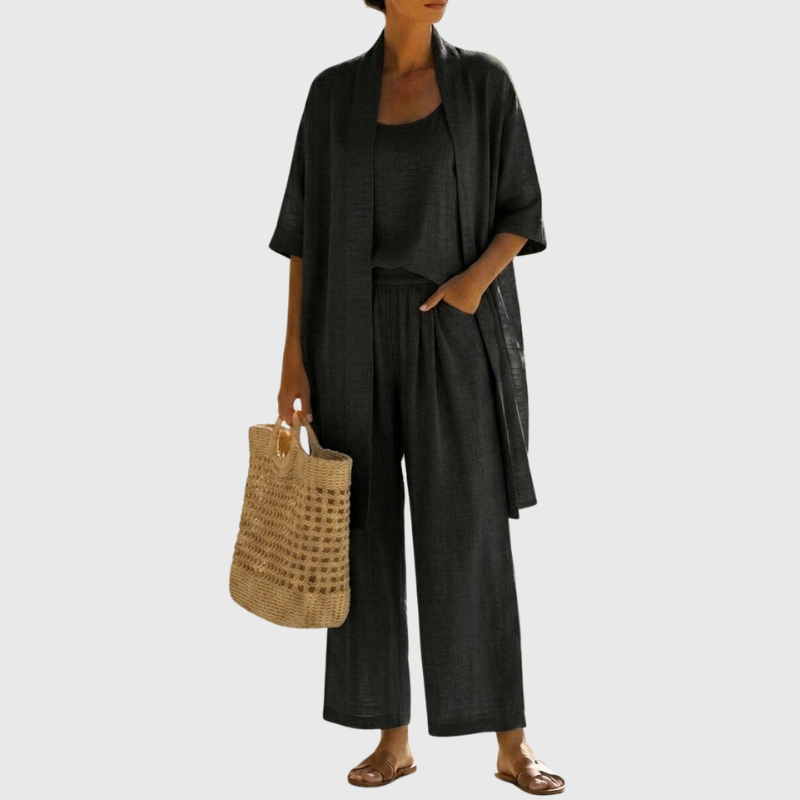 Premium Leinen-Zweiteiler „Livia“: Luftiges 3-Teiler Set mit Cardigan, Top & Weitbein-Hose
