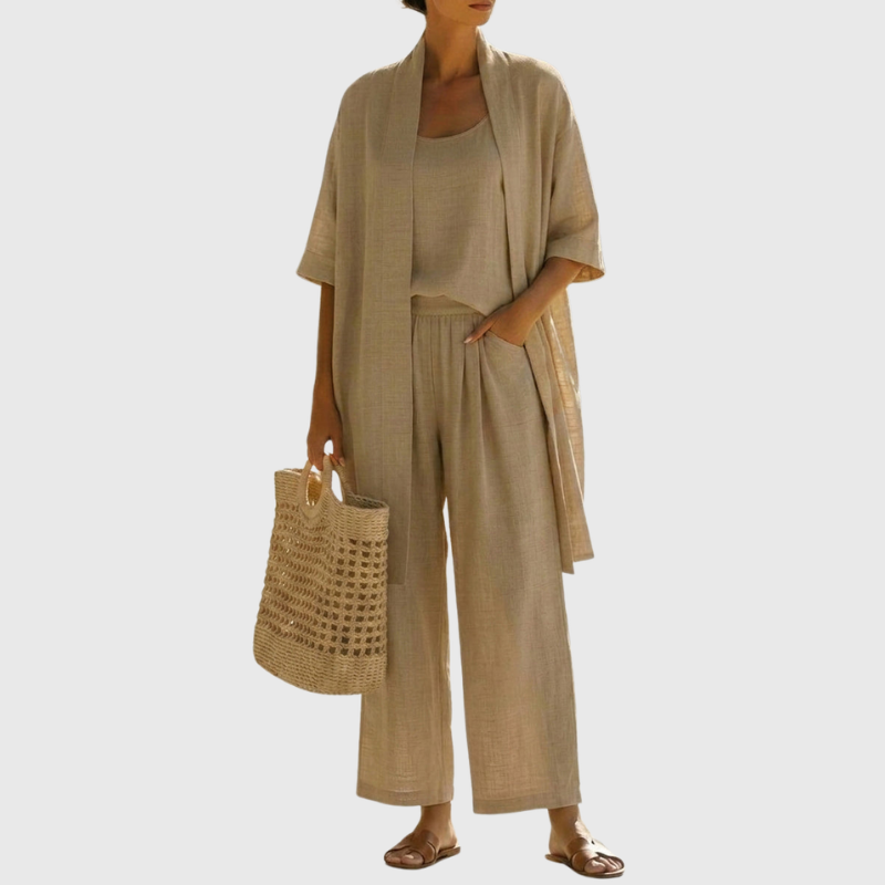 Premium Leinen-Zweiteiler „Livia“: Luftiges 3-Teiler Set mit Cardigan, Top & Weitbein-Hose