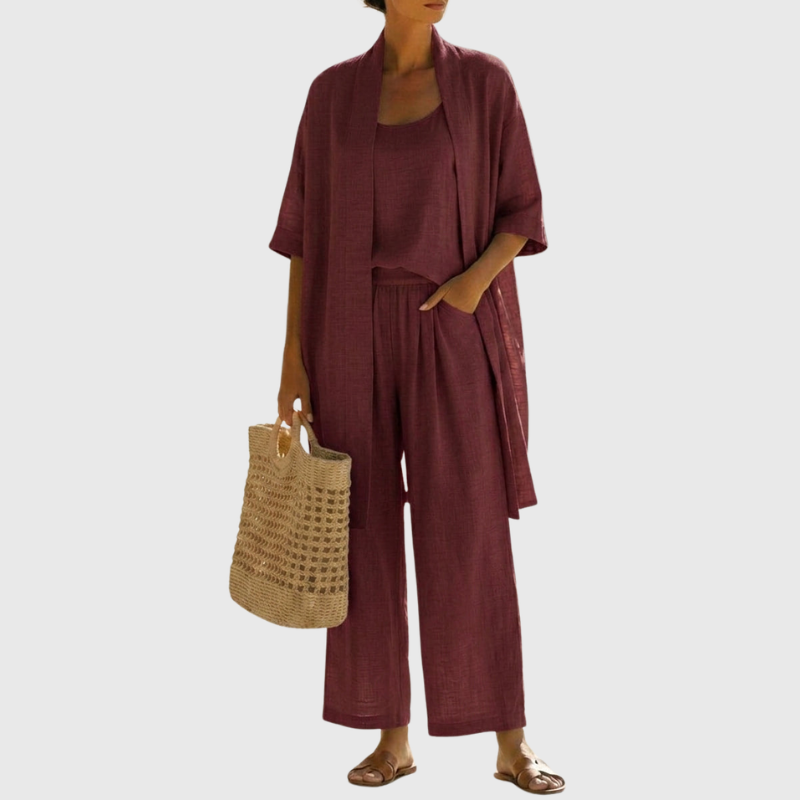 Premium Leinen-Zweiteiler „Livia“: Luftiges 3-Teiler Set mit Cardigan, Top & Weitbein-Hose
