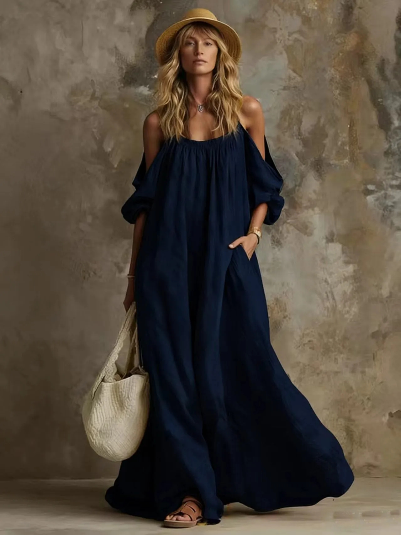 Luftiges Boho Kaftan Maxikleid mit Schulterauschnitt & Taschen – Eleganter Sommer-Traum