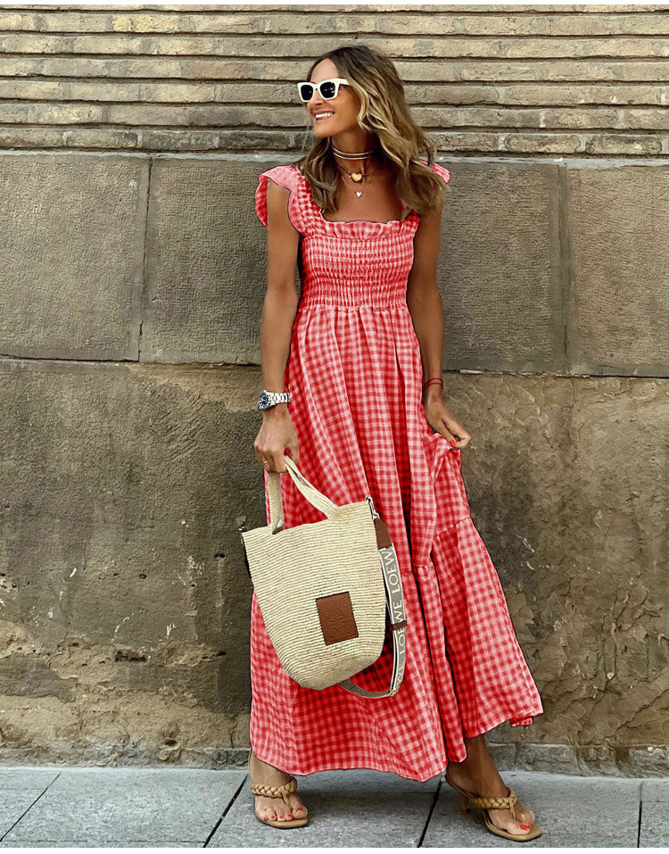 Lyra™ Romantisches Vichy-Karo Maxikleid – Sommerliches Freizeitkleid mit elastischem Smok-Brustteil, verspielten Rüschen-Trägern & fließender Passform
