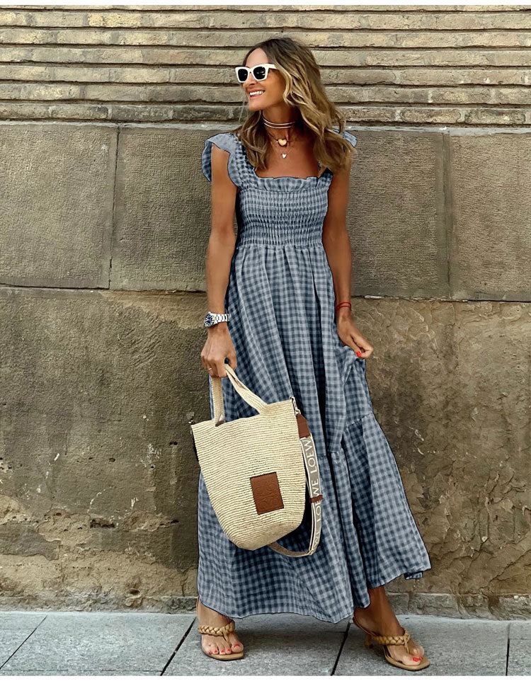 Lyra™ Romantisches Vichy-Karo Maxikleid – Sommerliches Freizeitkleid mit elastischem Smok-Brustteil, verspielten Rüschen-Trägern & fließender Passform