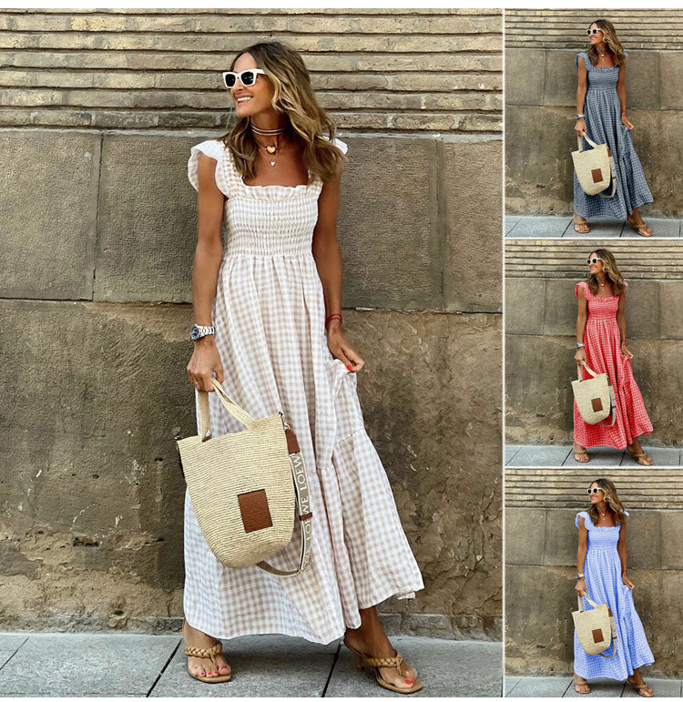 Lyra™ Romantisches Vichy-Karo Maxikleid – Sommerliches Freizeitkleid mit elastischem Smok-Brustteil, verspielten Rüschen-Trägern & fließender Passform