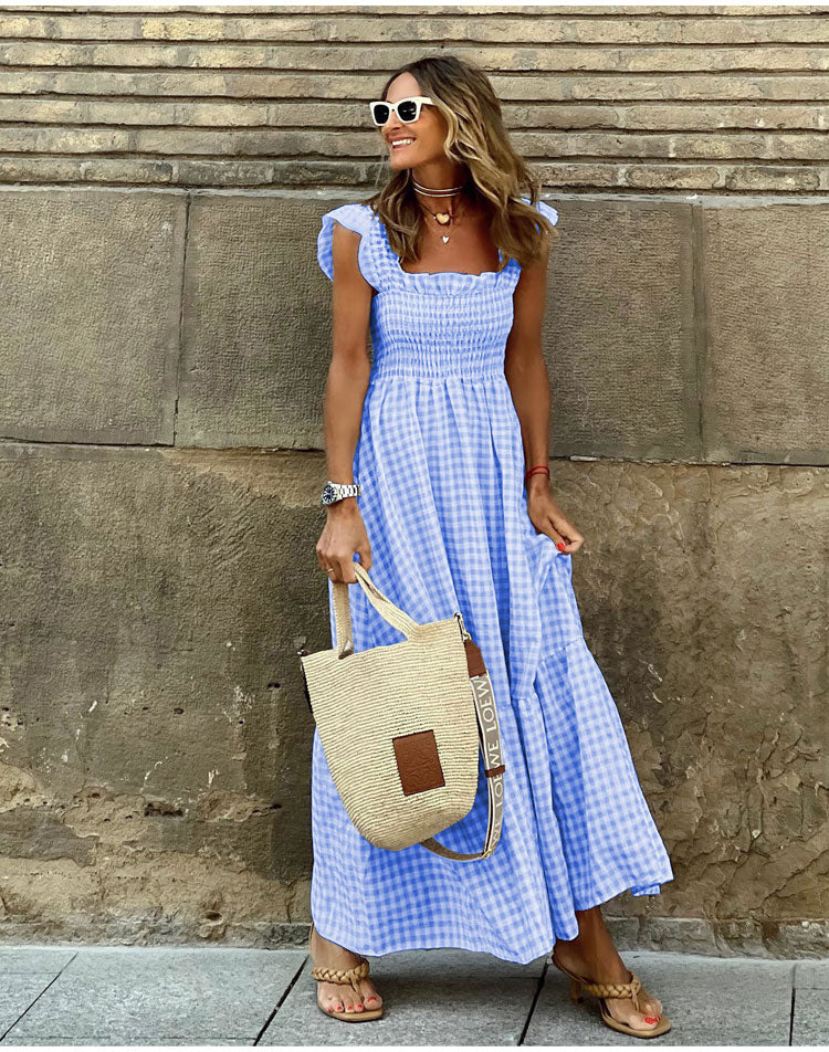 Lyra™ Romantisches Vichy-Karo Maxikleid – Sommerliches Freizeitkleid mit elastischem Smok-Brustteil, verspielten Rüschen-Trägern & fließender Passform