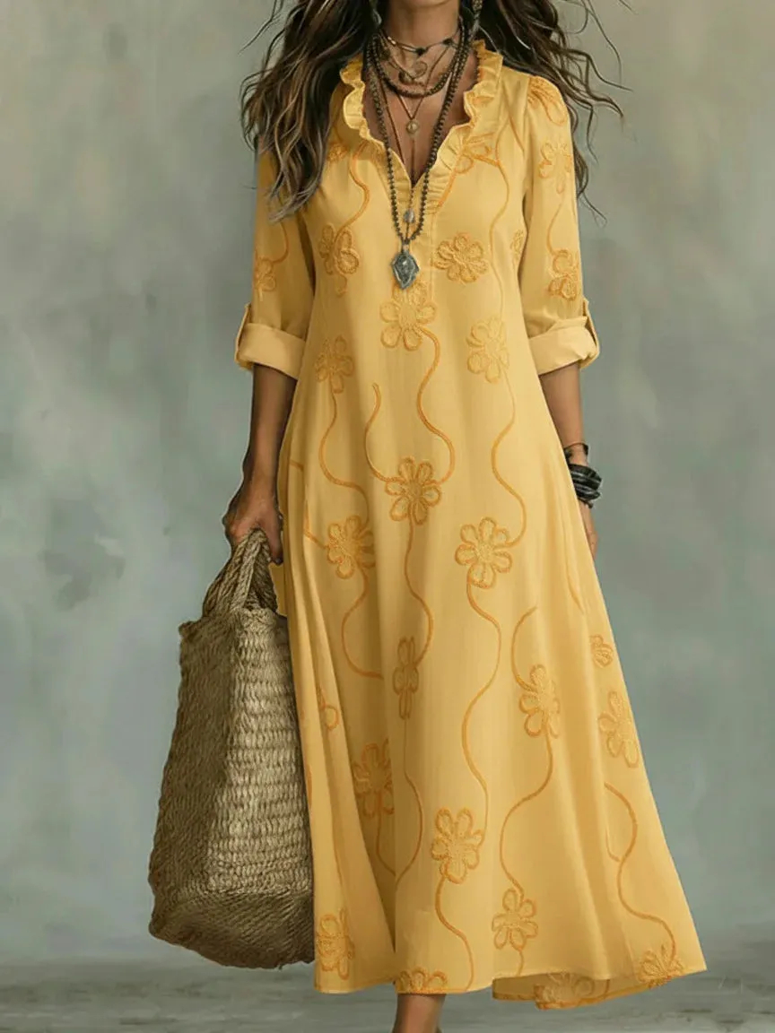 Elegant Leinen-Maxikleid mit Feinem Stickerei-Muster & V-Ausschnitt