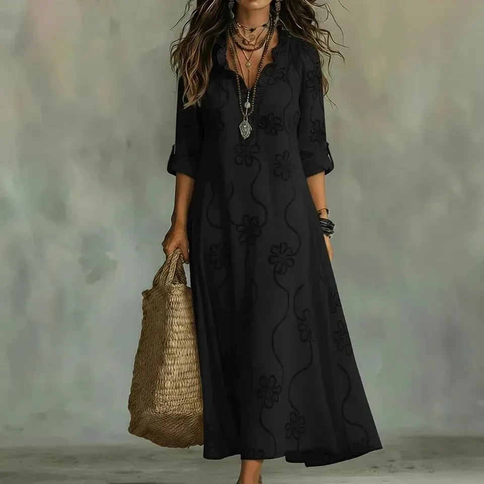 Elegant Leinen-Maxikleid mit Feinem Stickerei-Muster & V-Ausschnitt
