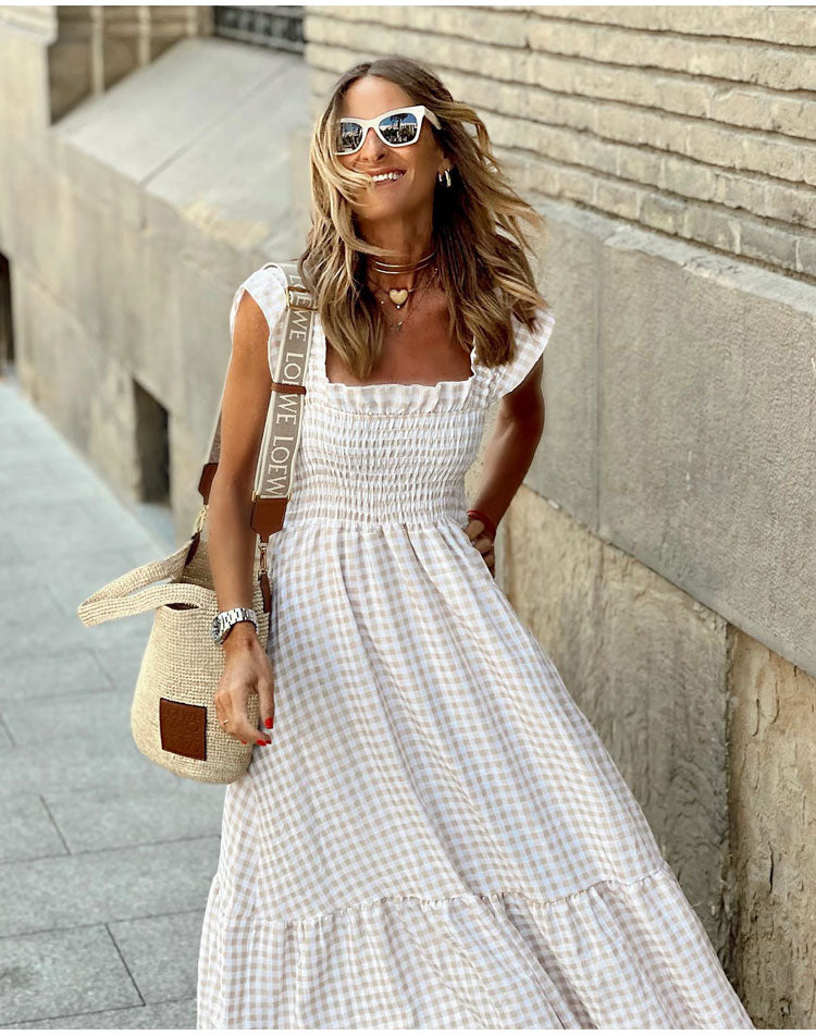 Lyra™ Romantisches Vichy-Karo Maxikleid – Sommerliches Freizeitkleid mit elastischem Smok-Brustteil, verspielten Rüschen-Trägern & fließender Passform