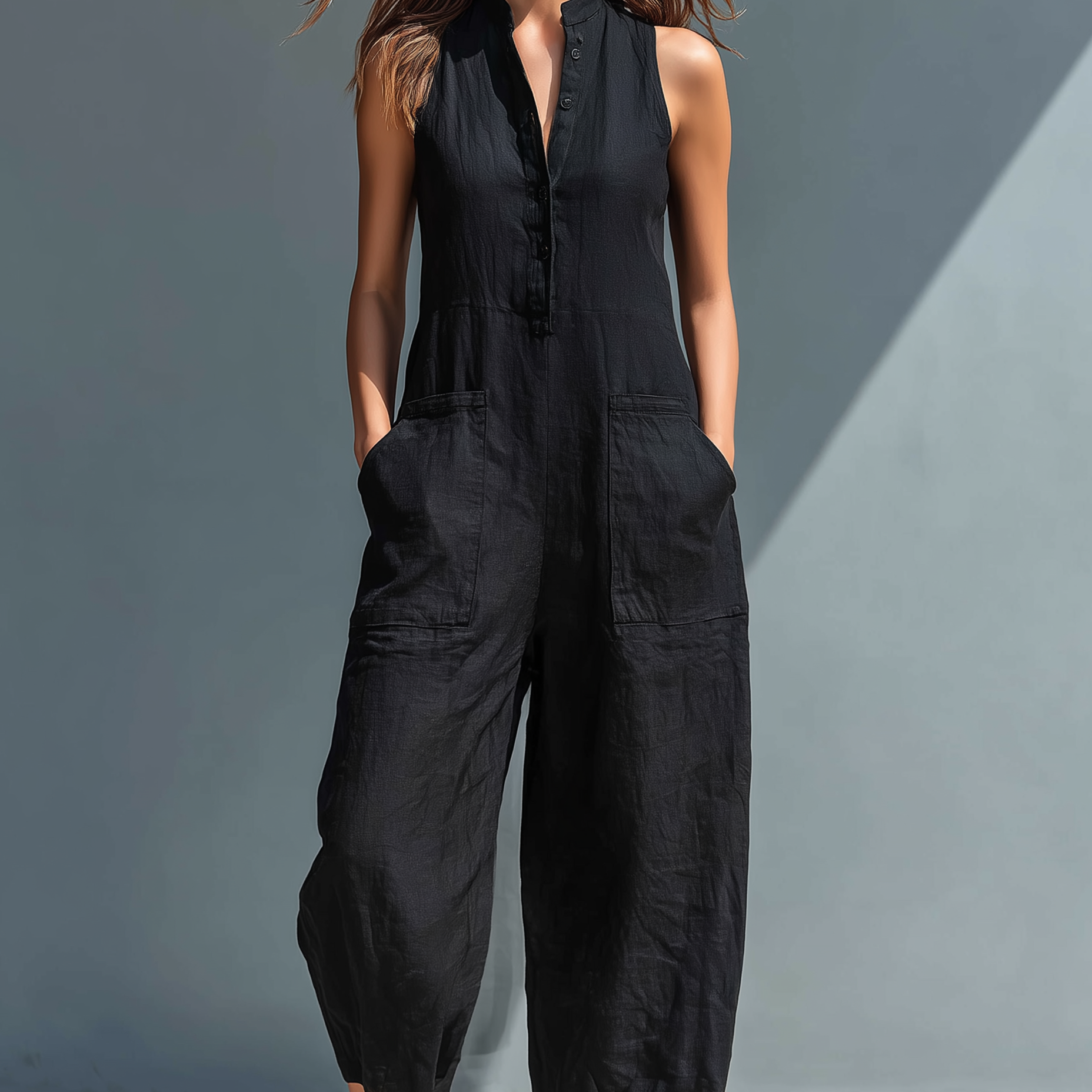 Premium Leinen-Mix Jumpsuit „Cindy“ – Luftiger Sommer-Einteiler mit Stehkragen & großen Taschen