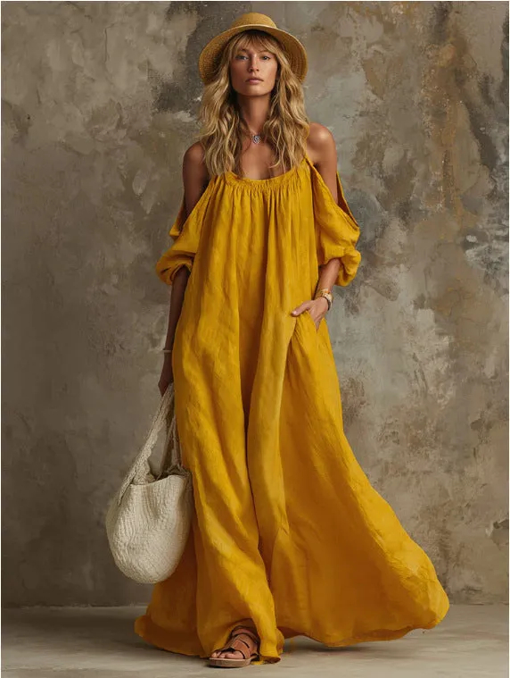 Luftiges Boho Kaftan Maxikleid mit Schulterauschnitt & Taschen – Eleganter Sommer-Traum