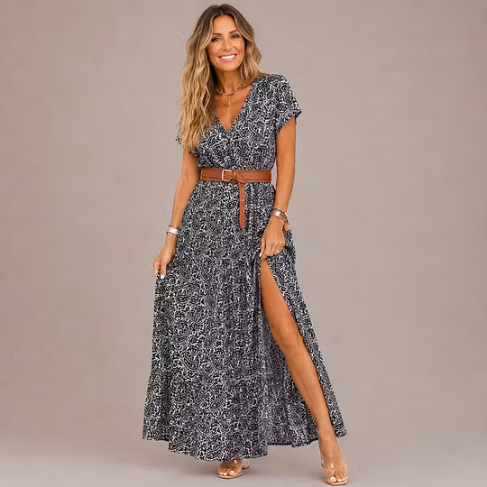 Annabelle™ Elegantes Boho-Maxikleid mit V-Ausschnitt – Luftiges Sommerkleid mit Beinschlitz