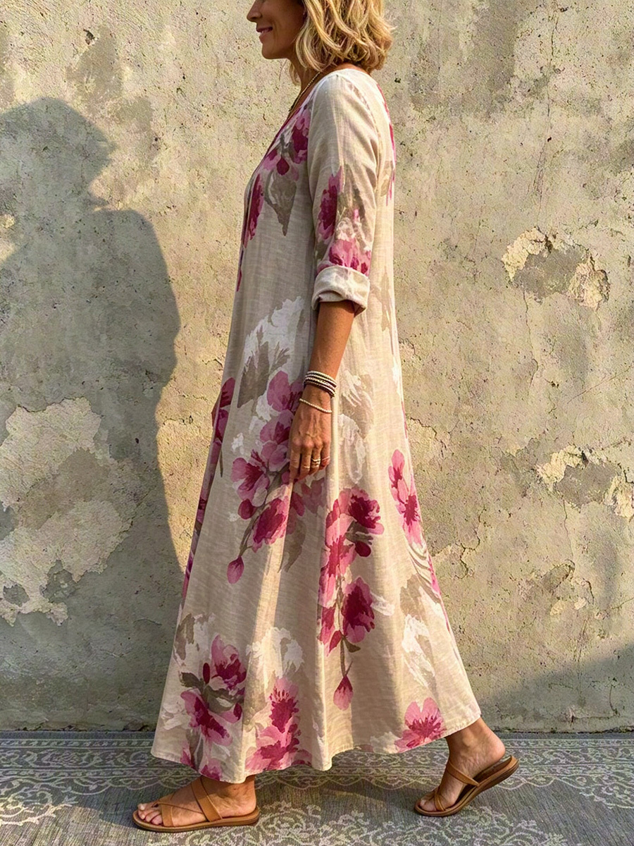 Elena™ Elegant Boho-Maxikleid aus Baumwoll-Leinen mit Blumenmuster & Taschen