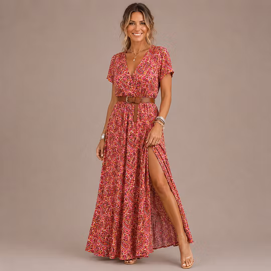 Annabelle™ Elegantes Boho-Maxikleid mit V-Ausschnitt – Luftiges Sommerkleid mit Beinschlitz