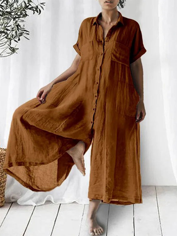 Evelyn™ Elegantes Leinen-Jumpsuit mit Hemdkragen & Weitem Bein | Luftiger Sommer-Overall