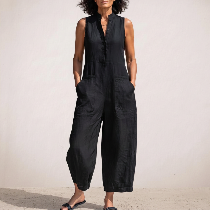 Premium Leinen-Mix Jumpsuit „Cindy“ – Luftiger Sommer-Einteiler mit Stehkragen & großen Taschen