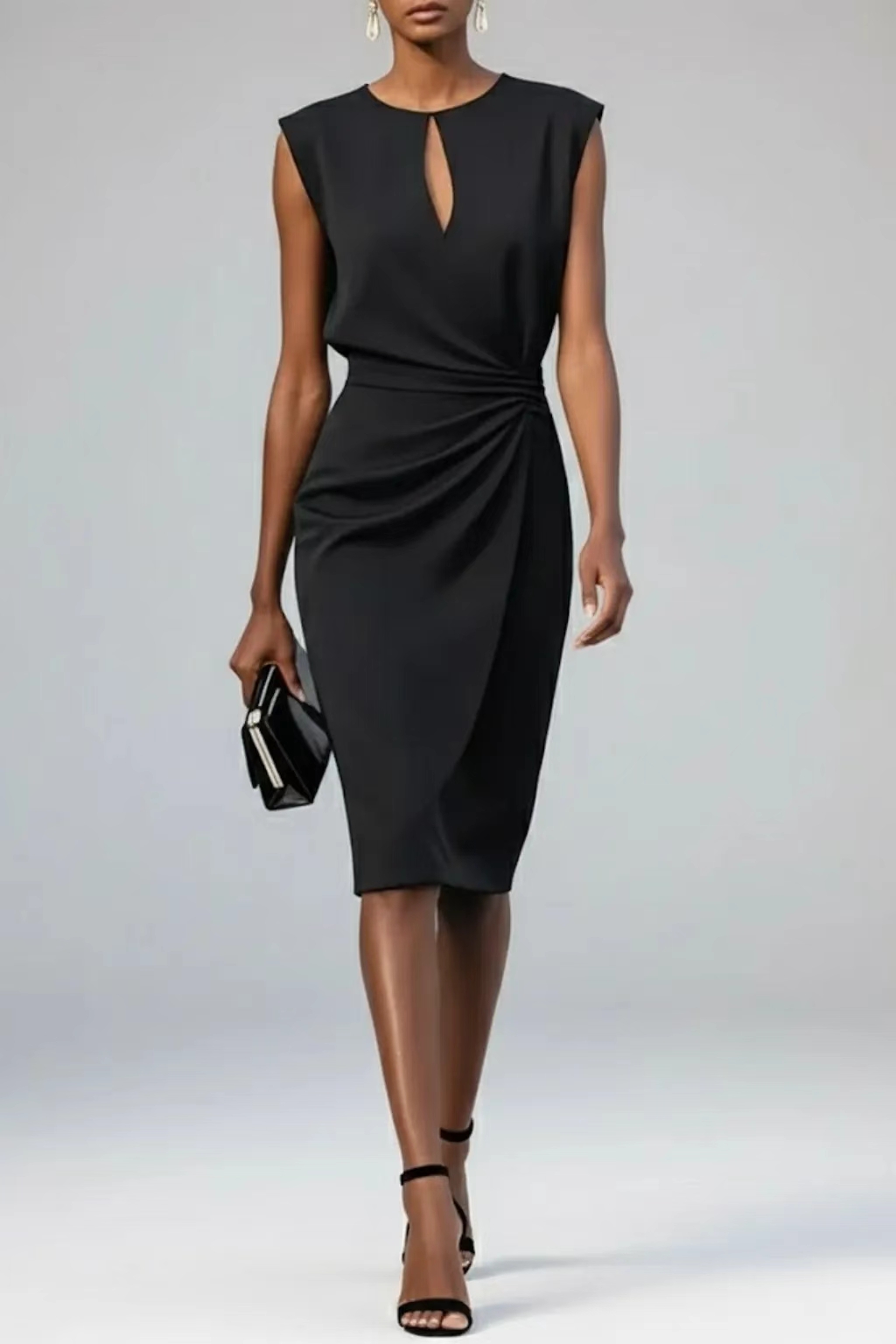 Elegantes Midi-Etuidress mit strukturierter Schulterpartie und Taillen-Raffung – Figurschmeichelndes Kleid mit Tröpfchen-Ausschnitt