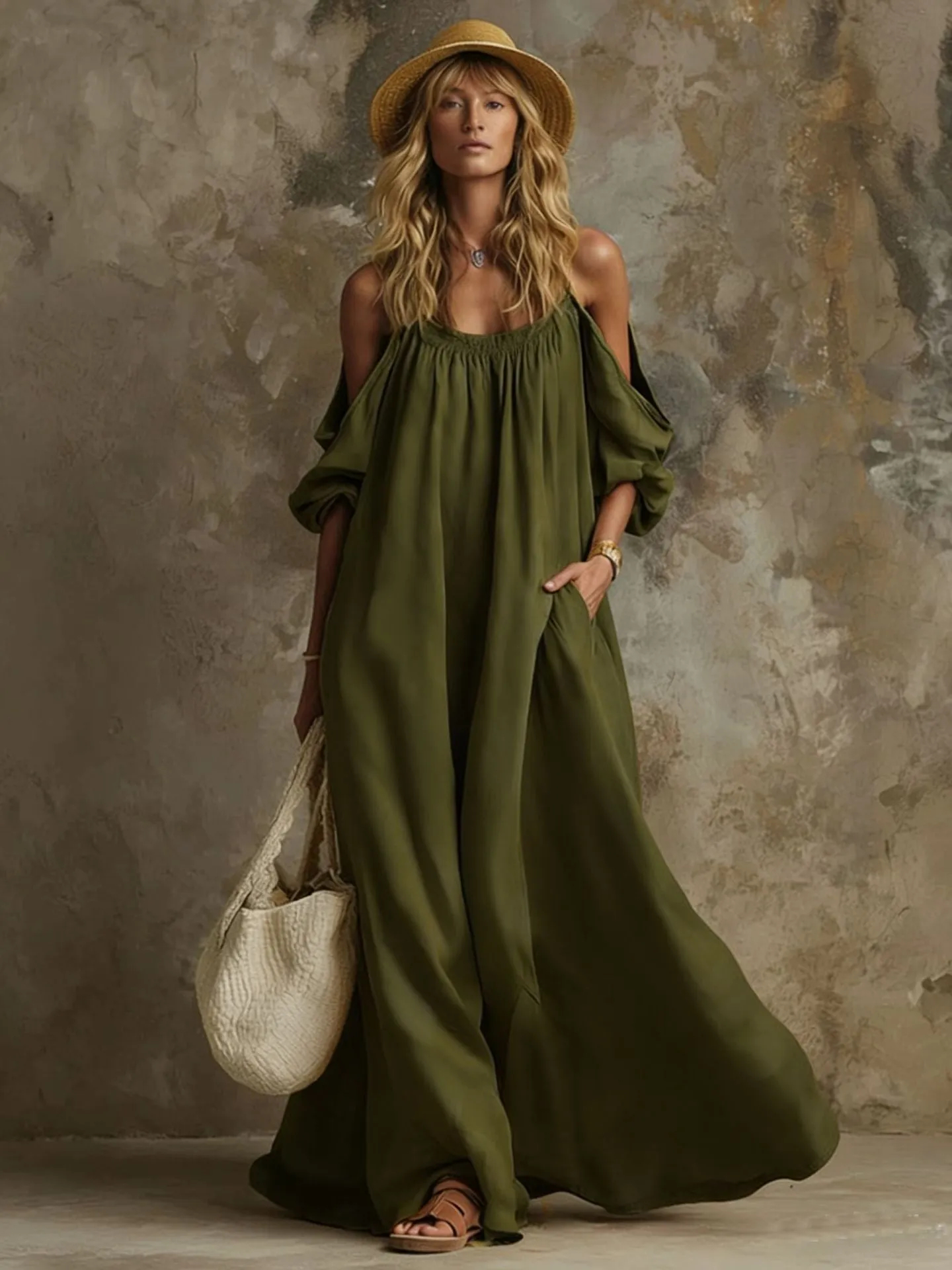 Luftiges Boho Kaftan Maxikleid mit Schulterauschnitt & Taschen – Eleganter Sommer-Traum
