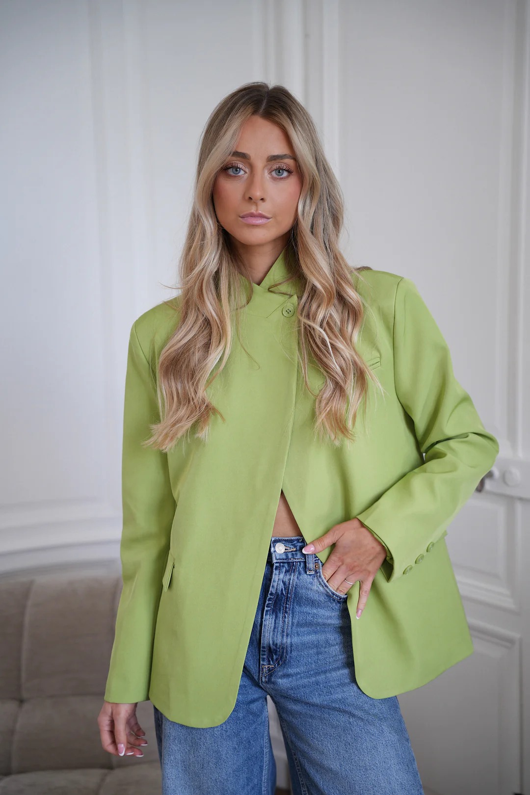 Olive Plaid Asymmetric Blazer