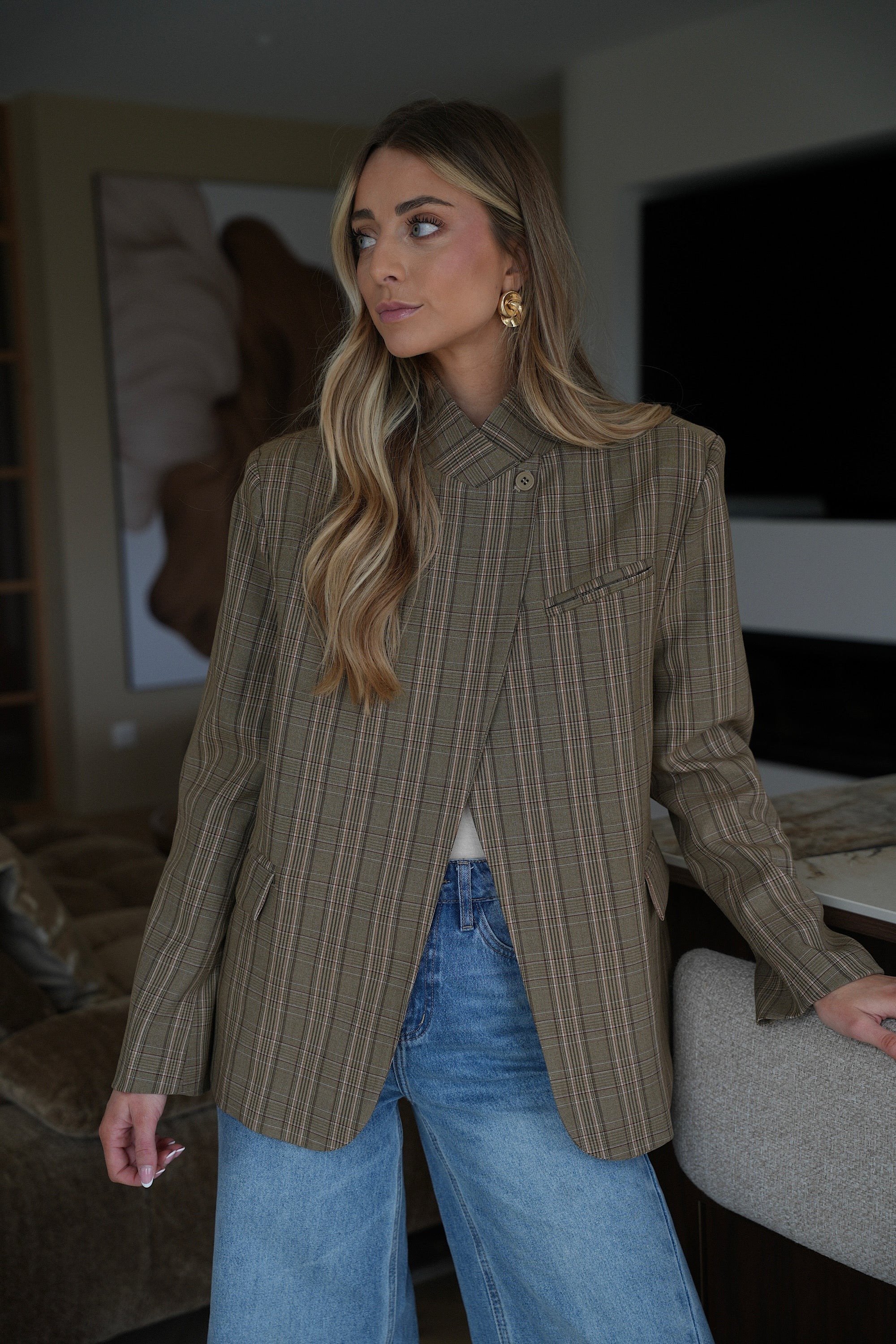 Olive Plaid Asymmetric Blazer