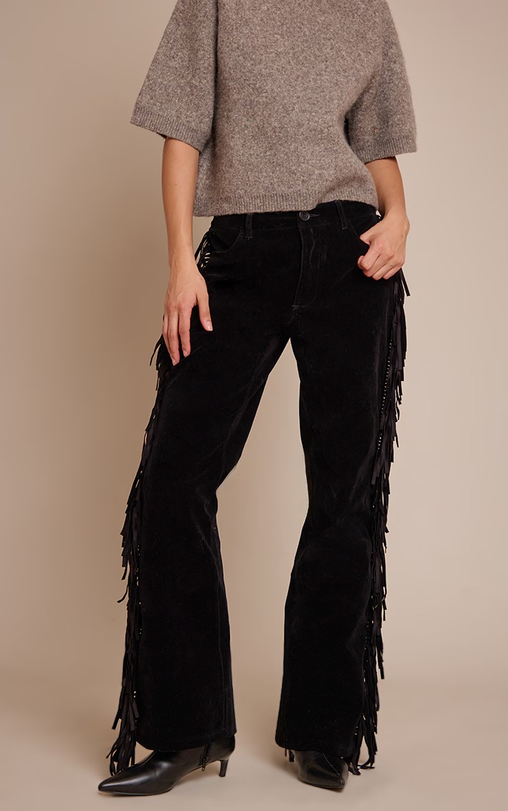 Fringe Trim Velvet Flared Trousers